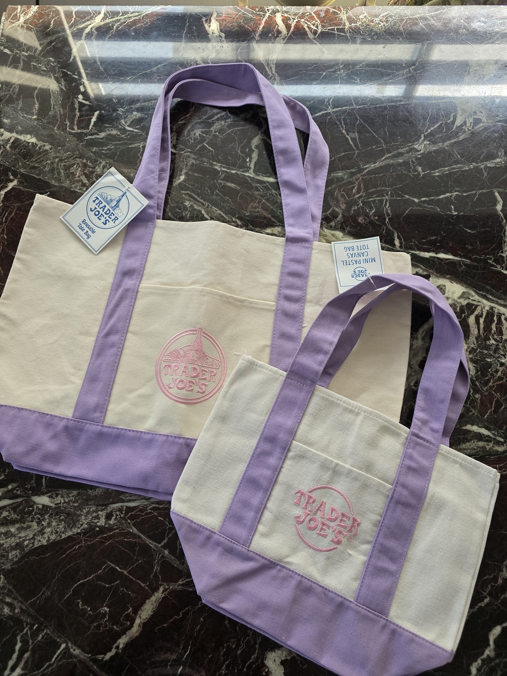 Trader Joe's Lavender-Trim Canvas Tote Bag Set Larg&mini